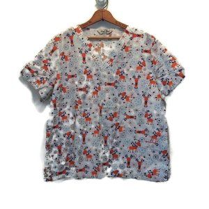 Comfy Cotton 100% Cotton Christmas Holiday Reindeer Theme Short Sleeve Scrub Top